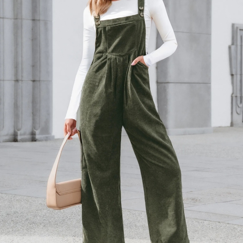 Cupshe Green Corduroy Jumpsuit Wide-Leg Relaxed Fit